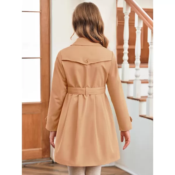 Haloumoning Girls Single Breasted Trench Coat Kids Lapel Long Sleeve Tie Belt Outerwear with Pockets