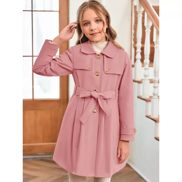 Haloumoning Girls Single Breasted Trench Coat Kids Lapel Long Sleeve Tie Belt Outerwear with Pockets