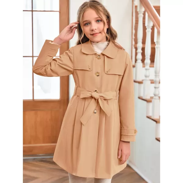Haloumoning Girls Single Breasted Trench Coat Kids Lapel Long Sleeve Tie Belt Outerwear with Pockets