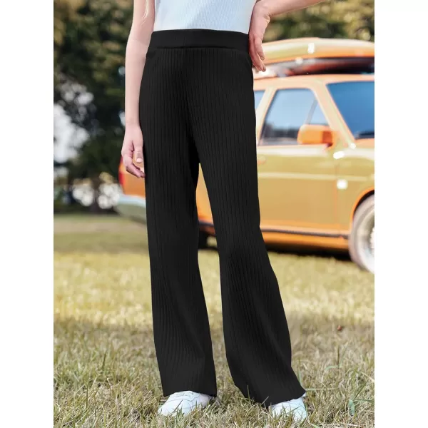Haloumoning Girls Solid Rib Knit Wide Leg Pants Elastic Waist Flowy Casual Sweater Pants 5-14 Years