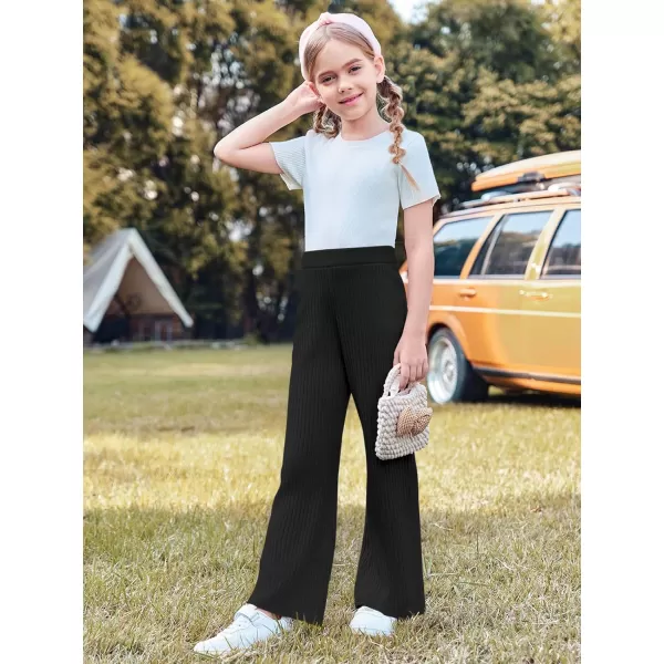 Haloumoning Girls Solid Rib Knit Wide Leg Pants Elastic Waist Flowy Casual Sweater Pants 5-14 Years