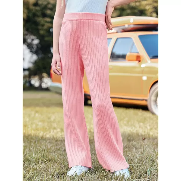 Haloumoning Girls Solid Rib Knit Wide Leg Pants Elastic Waist Flowy Casual Sweater Pants 5-14 Years