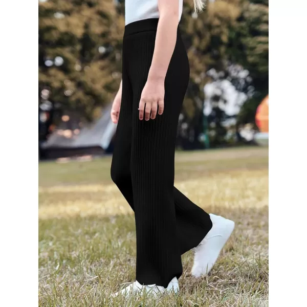 Haloumoning Girls Solid Rib Knit Wide Leg Pants Elastic Waist Flowy Casual Sweater Pants 5-14 Years