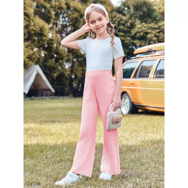 Haloumoning Girls Solid Rib Knit Wide Leg Pants Elastic Waist Flowy Casual Sweater Pants 5-14 Years