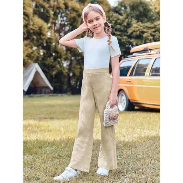 Haloumoning Girls Solid Rib Knit Wide Leg Pants Elastic Waist Flowy Casual Sweater Pants 5-14 Years