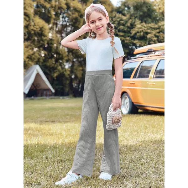 Haloumoning Girls Solid Rib Knit Wide Leg Pants Elastic Waist Flowy Casual Sweater Pants 5-14 Years