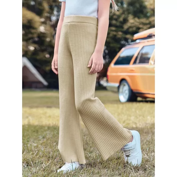 Haloumoning Girls Solid Rib Knit Wide Leg Pants Elastic Waist Flowy Casual Sweater Pants 5-14 Years