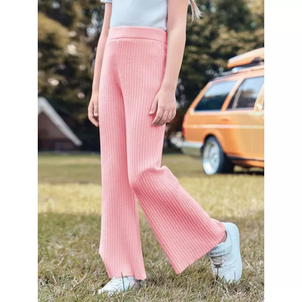 Haloumoning Girls Solid Rib Knit Wide Leg Pants Elastic Waist Flowy Casual Sweater Pants 5-14 Years