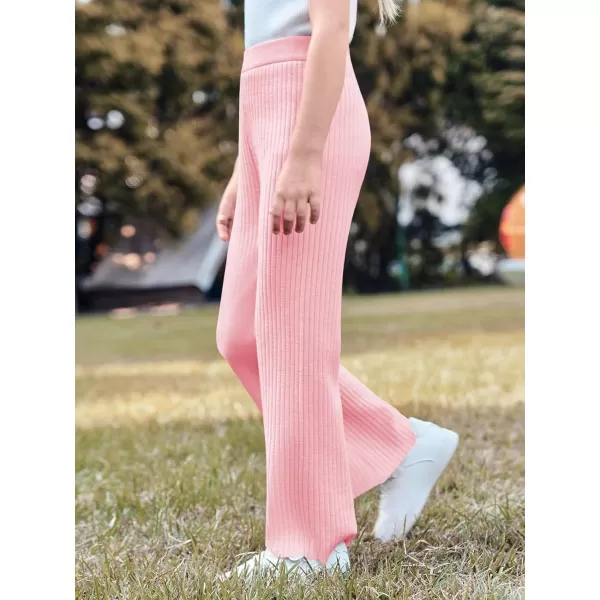 Haloumoning Girls Solid Rib Knit Wide Leg Pants Elastic Waist Flowy Casual Sweater Pants 5-14 Years