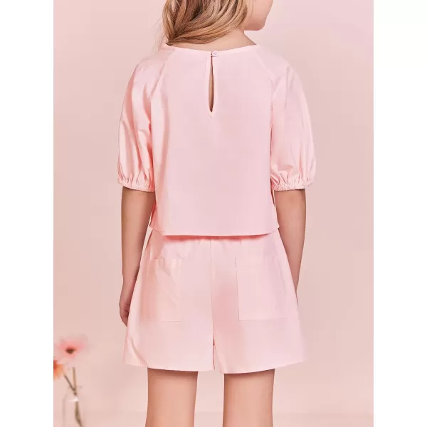Haloumoning Girls Summer Outfits Short Sets Puff Sleeve Tops and Elastic Waist Shorts 5-14 Years