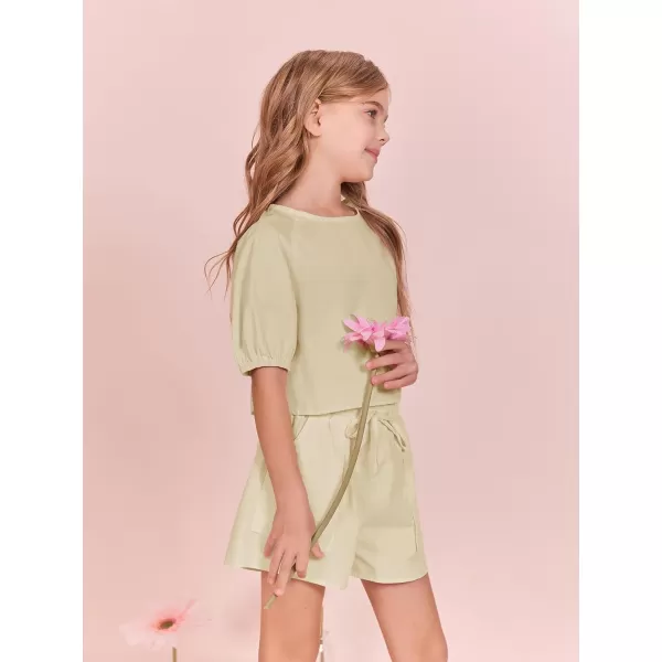 Haloumoning Girls Summer Outfits Short Sets Puff Sleeve Tops and Elastic Waist Shorts 5-14 Years