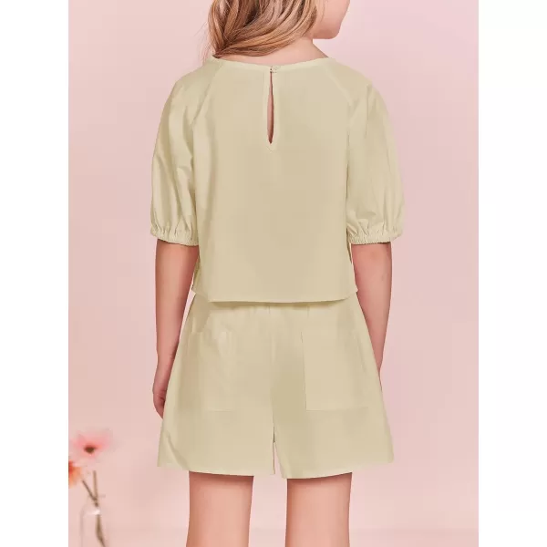Haloumoning Girls Summer Outfits Short Sets Puff Sleeve Tops and Elastic Waist Shorts 5-14 Years
