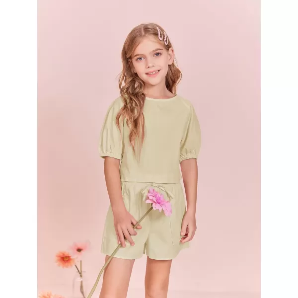 Haloumoning Girls Summer Outfits Short Sets Puff Sleeve Tops and Elastic Waist Shorts 5-14 Years