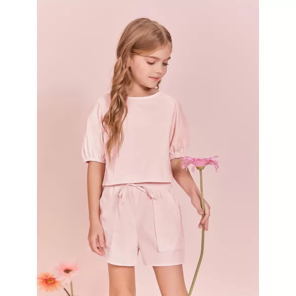 Haloumoning Girls Summer Outfits Short Sets Puff Sleeve Tops and Elastic Waist Shorts 5-14 Years