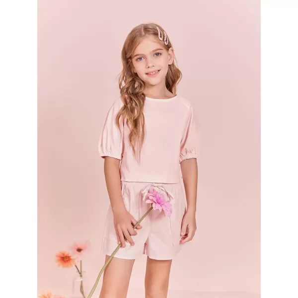 Haloumoning Girls Summer Outfits Short Sets Puff Sleeve Tops and Elastic Waist Shorts 5-14 Years