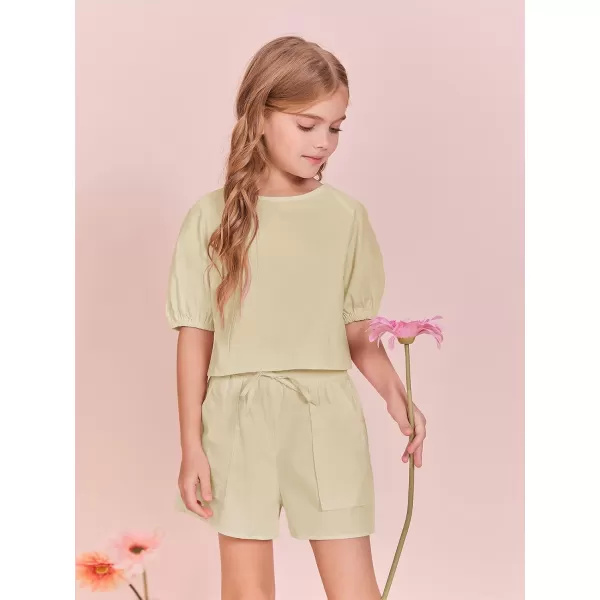 Haloumoning Girls Summer Outfits Short Sets Puff Sleeve Tops and Elastic Waist Shorts 5-14 Years