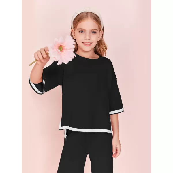Haloumoning Girls Two Piece Outfits Kids Fashion Short Sleeve Sweater Tops and Wide Leg Pants Set 5-14 Years