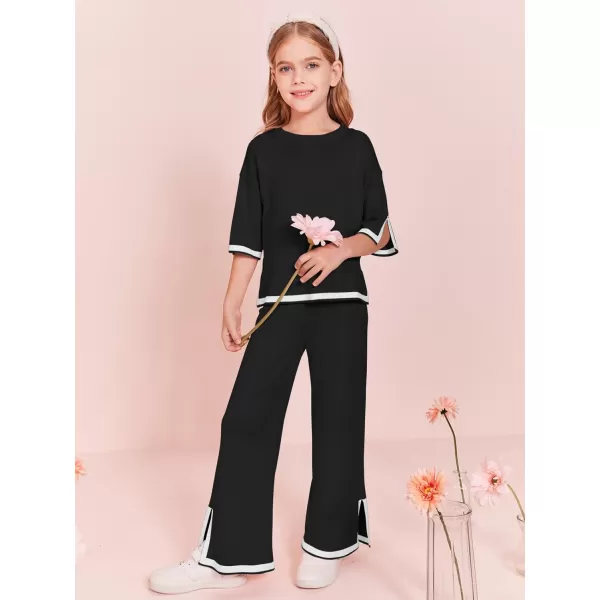 Haloumoning Girls Two Piece Outfits Kids Fashion Short Sleeve Sweater Tops and Wide Leg Pants Set 5-14 Years