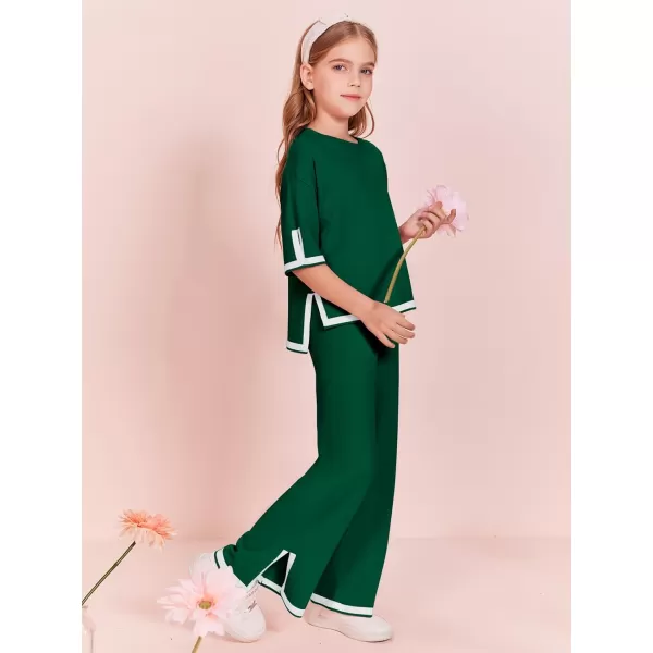Haloumoning Girls Two Piece Outfits Kids Fashion Short Sleeve Sweater Tops and Wide Leg Pants Set 5-14 Years