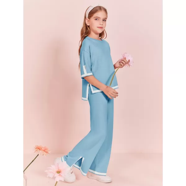 Haloumoning Girls Two Piece Outfits Kids Fashion Short Sleeve Sweater Tops and Wide Leg Pants Set 5-14 Years