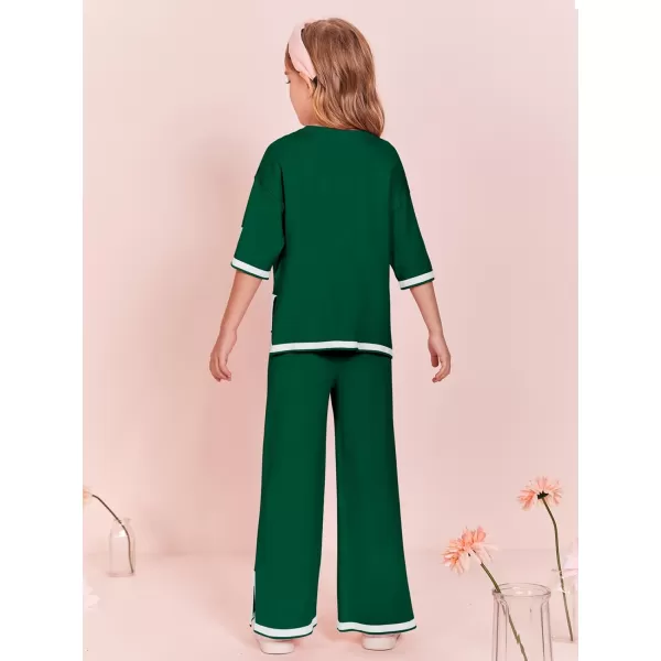 Haloumoning Girls Two Piece Outfits Kids Fashion Short Sleeve Sweater Tops and Wide Leg Pants Set 5-14 Years