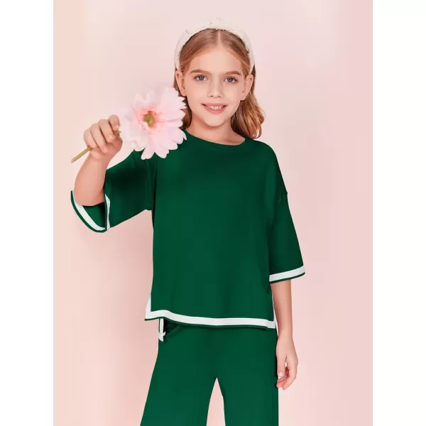 Haloumoning Girls Two Piece Outfits Kids Fashion Short Sleeve Sweater Tops and Wide Leg Pants Set 5-14 Years