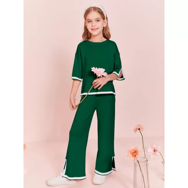 Haloumoning Girls Two Piece Outfits Kids Fashion Short Sleeve Sweater Tops and Wide Leg Pants Set 5-14 Years