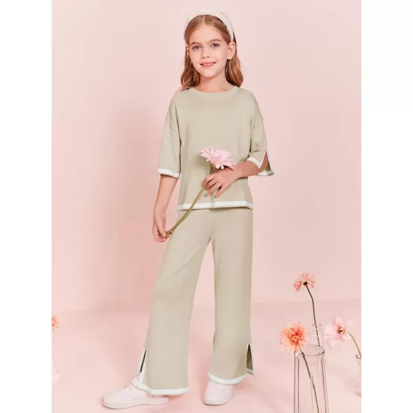 Haloumoning Girls Two Piece Outfits Kids Fashion Short Sleeve Sweater Tops and Wide Leg Pants Set 5-14 Years