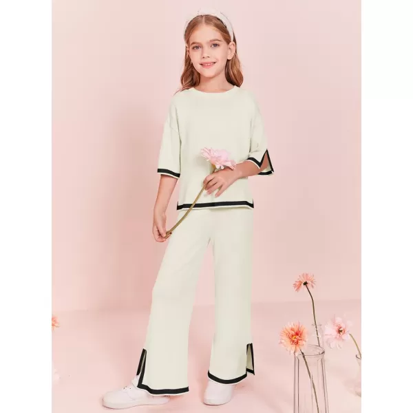 Haloumoning Girls Two Piece Outfits Kids Fashion Short Sleeve Sweater Tops and Wide Leg Pants Set 5-14 Years