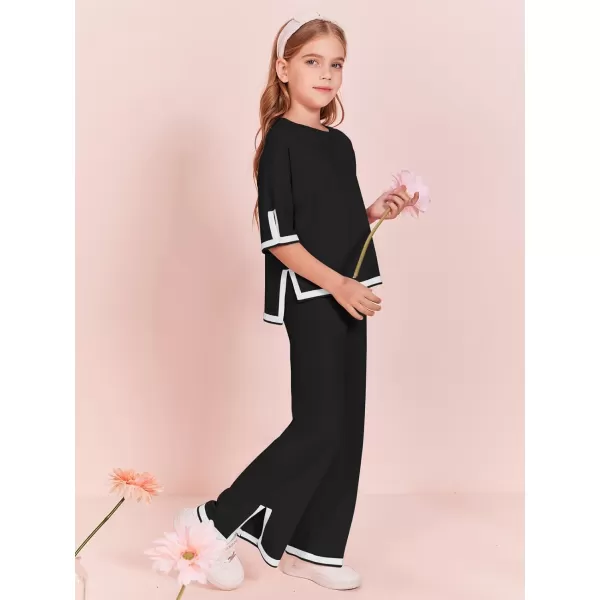 Haloumoning Girls Two Piece Outfits Kids Fashion Short Sleeve Sweater Tops and Wide Leg Pants Set 5-14 Years