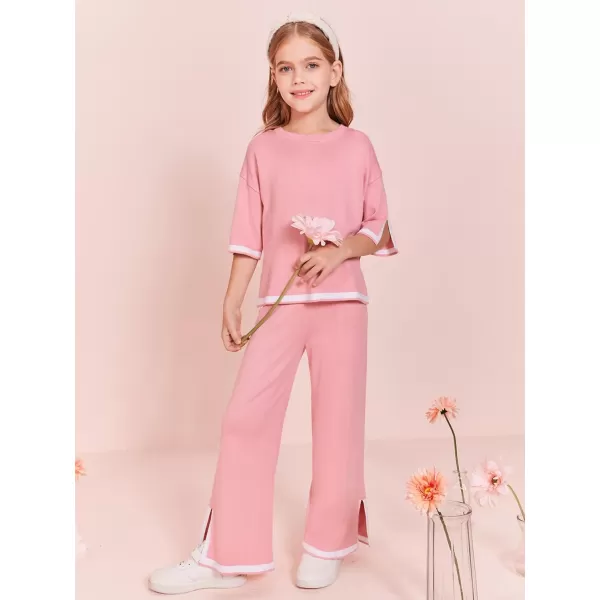 Haloumoning Girls Two Piece Outfits Kids Fashion Short Sleeve Sweater Tops and Wide Leg Pants Set 5-14 Years