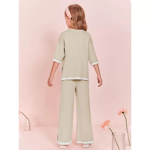Haloumoning Girls Two Piece Outfits Kids Fashion Short Sleeve Sweater Tops and Wide Leg Pants Set 5-14 Years