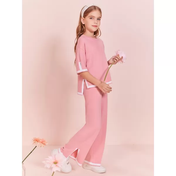 Haloumoning Girls Two Piece Outfits Kids Fashion Short Sleeve Sweater Tops and Wide Leg Pants Set 5-14 Years