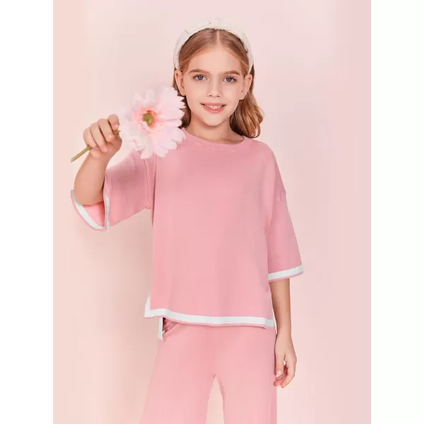 Haloumoning Girls Two Piece Outfits Kids Fashion Short Sleeve Sweater Tops and Wide Leg Pants Set 5-14 Years