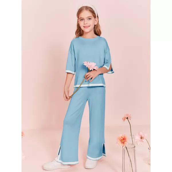 Haloumoning Girls Two Piece Outfits Kids Fashion Short Sleeve Sweater Tops and Wide Leg Pants Set 5-14 Years