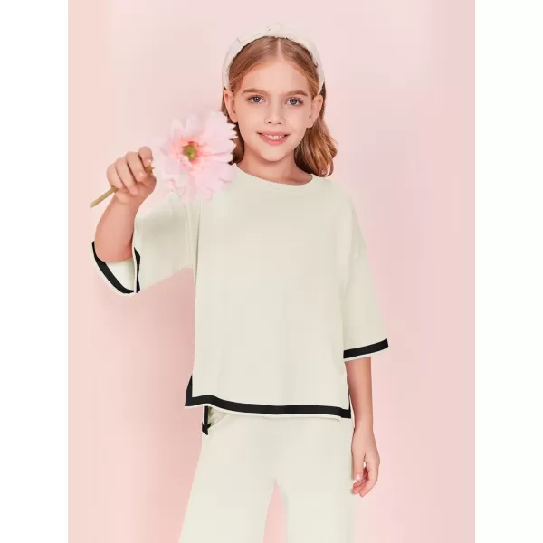Haloumoning Girls Two Piece Outfits Kids Fashion Short Sleeve Sweater Tops and Wide Leg Pants Set 5-14 Years
