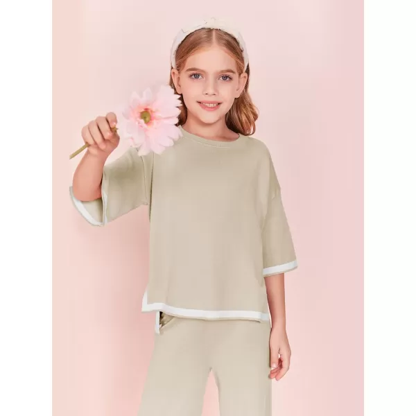 Haloumoning Girls Two Piece Outfits Kids Fashion Short Sleeve Sweater Tops and Wide Leg Pants Set 5-14 Years