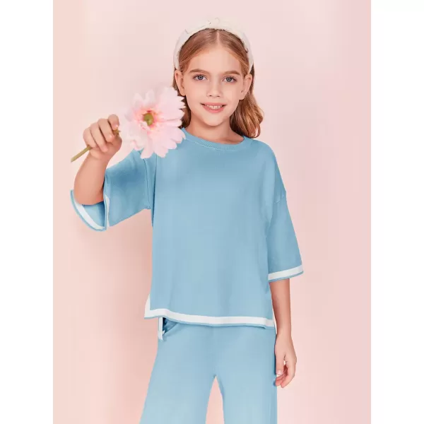 Haloumoning Girls Two Piece Outfits Kids Fashion Short Sleeve Sweater Tops and Wide Leg Pants Set 5-14 Years