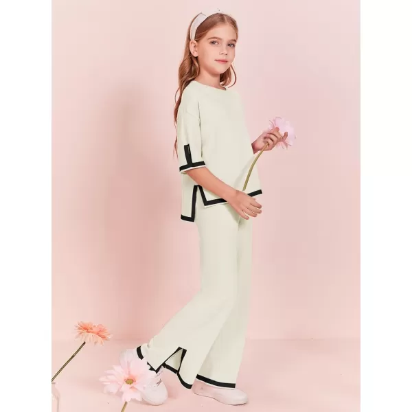 Haloumoning Girls Two Piece Outfits Kids Fashion Short Sleeve Sweater Tops and Wide Leg Pants Set 5-14 Years