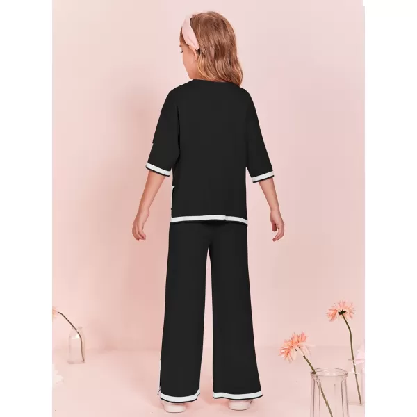 Haloumoning Girls Two Piece Outfits Kids Fashion Short Sleeve Sweater Tops and Wide Leg Pants Set 5-14 Years