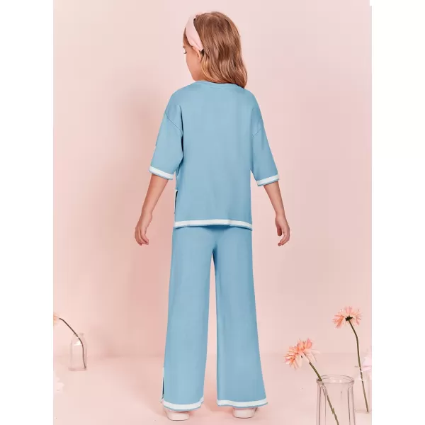 Haloumoning Girls Two Piece Outfits Kids Fashion Short Sleeve Sweater Tops and Wide Leg Pants Set 5-14 Years