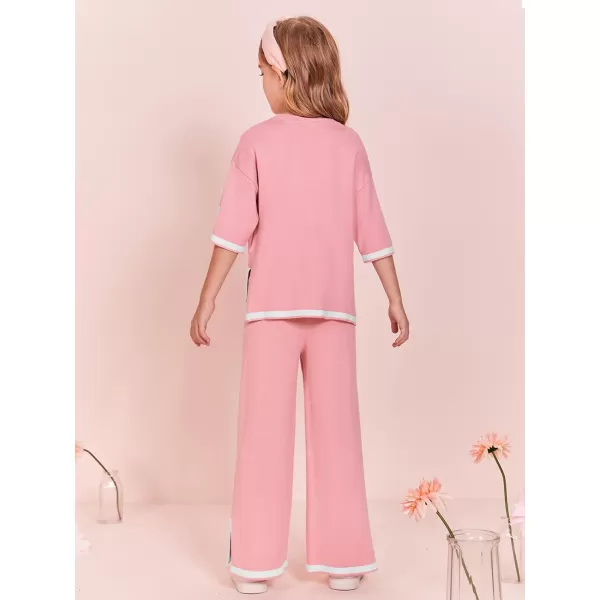 Haloumoning Girls Two Piece Outfits Kids Fashion Short Sleeve Sweater Tops and Wide Leg Pants Set 5-14 Years