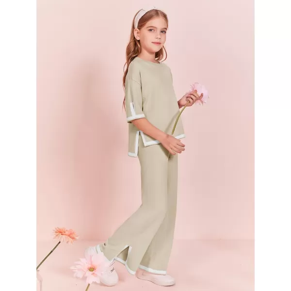 Haloumoning Girls Two Piece Outfits Kids Fashion Short Sleeve Sweater Tops and Wide Leg Pants Set 5-14 Years