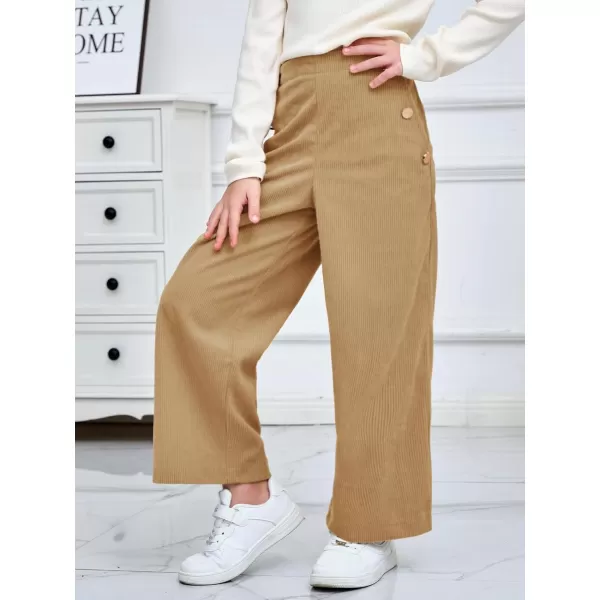 Haloumoning Girls Wide Leg Corduroy Pants Kids Elastic Waist Gold Button Trousers with Pockets 5-14 Years