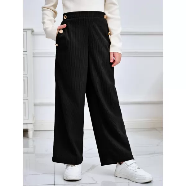 Haloumoning Girls Wide Leg Corduroy Pants Kids Elastic Waist Gold Button Trousers with Pockets 5-14 Years