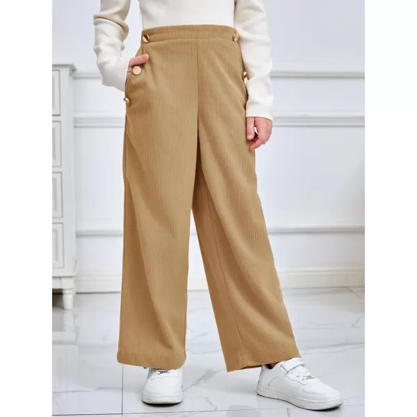 Haloumoning Girls Wide Leg Corduroy Pants Kids Elastic Waist Gold Button Trousers with Pockets 5-14 Years