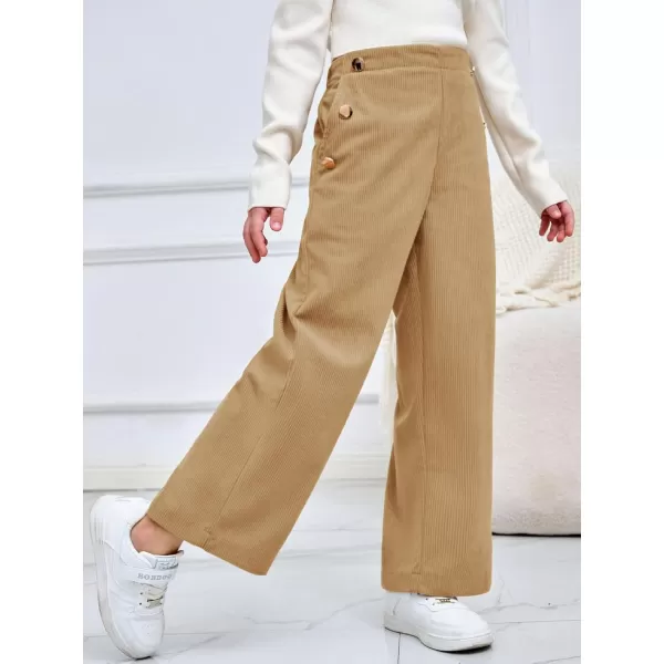 Haloumoning Girls Wide Leg Corduroy Pants Kids Elastic Waist Gold Button Trousers with Pockets 5-14 Years