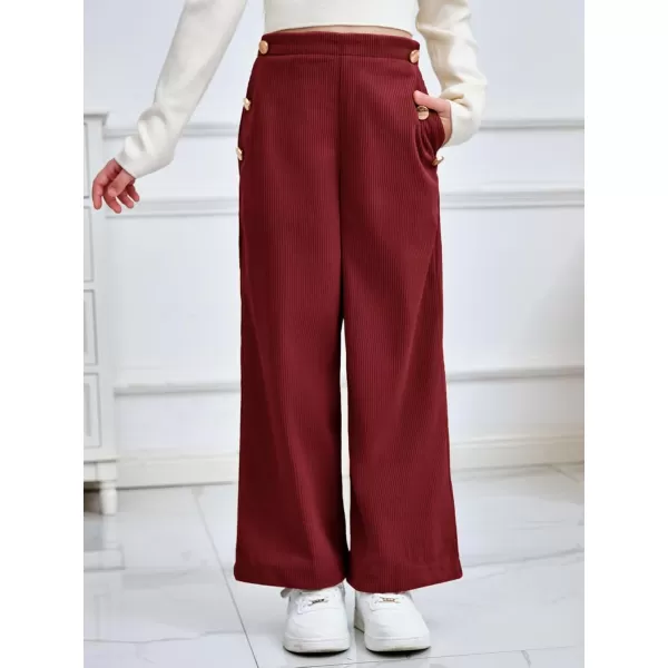 Haloumoning Girls Wide Leg Corduroy Pants Kids Elastic Waist Gold Button Trousers with Pockets 5-14 Years