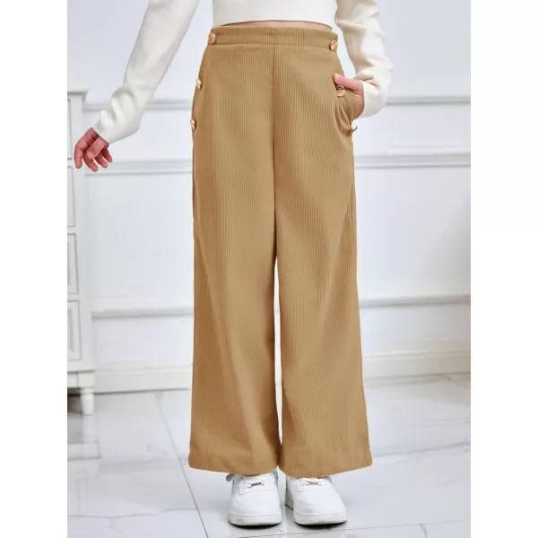 Haloumoning Girls Wide Leg Corduroy Pants Kids Elastic Waist Gold Button Trousers with Pockets 5-14 Years