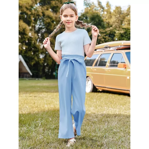 Haloumoning Girls Wide Leg Pants High Elastic Smocked Waist Casual Flowy Cute Long Trousers
